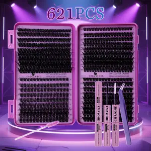 Multiple options: 800/640/621 Clusters Thick Individual Lash Kit, 100D-150D Mixed Density, with Glue & Tools, Fine & Natural, Lightweight & Soft, Beginner-Friendly, Suitable for Daily, Outdoor, Dates, Festivals and More Occasions, Stock-Up for Big Sale