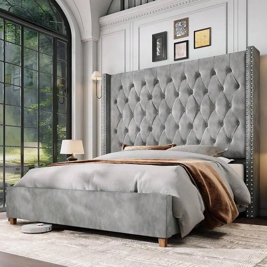 Luxury Velvet Wingback Bed Frame - 61.4" Tall Button Tufted Headboard, Platform Design, Solid Wood Legs, Modern Glam Style, Black Indoor Furniture Bed Frame bed frame bed frame for queen bed frames for queen bed frames