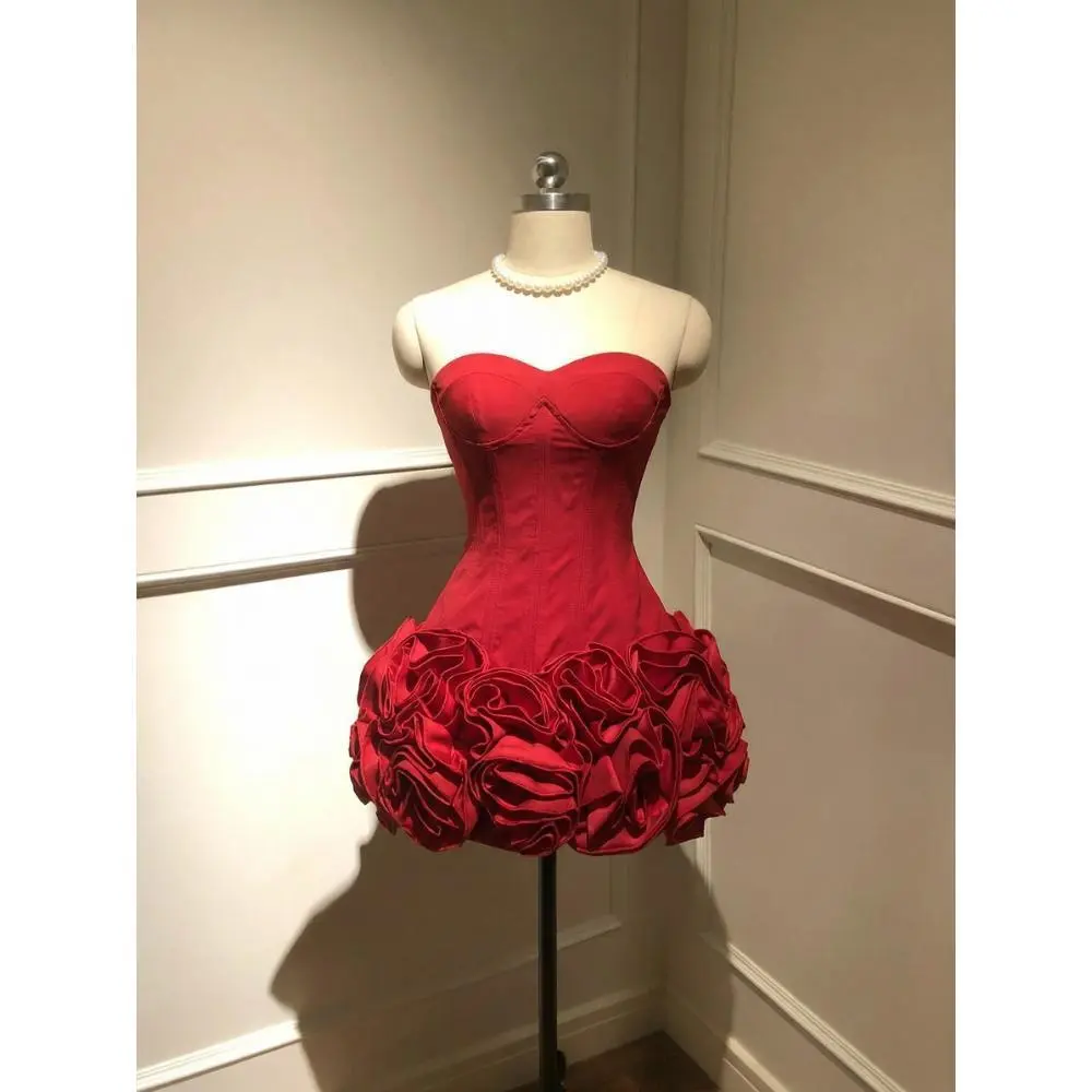 2026 Red French Vintage Elegant Woman Dress Sexy Off Shoulder Rose Design Mini Dress Female Fairy Birthday Party Chic Clothes