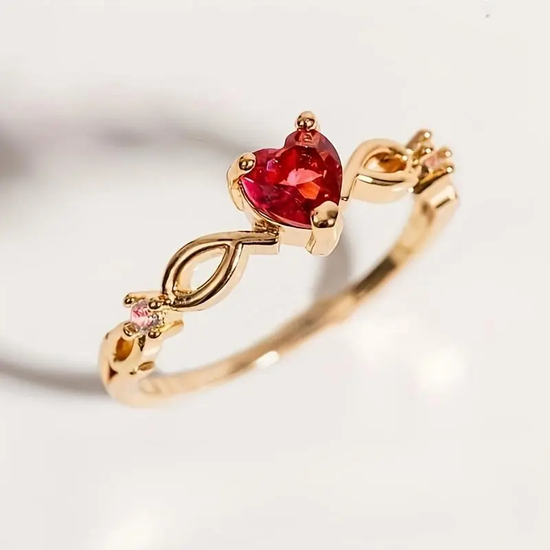 Elegant women's heart-shaped ruby engagement ring - luxurious golden-tone with synthetic gemstones, perfect for weddings, parties, anniversaries & valentine's day gifts