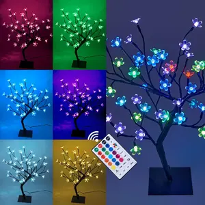 18 Inch Cherry Blossom Bonsai Tree, 48 LED Lights, RGB with Remote Control, 16 Color-Changing Modes, 24V UL Listed Adapter Included, Metal Base Ideal As Night Lights