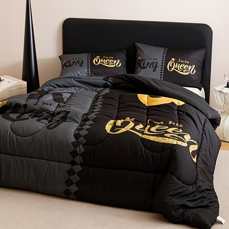 3pcs Super Soft Breathable Quilt Set - Black Grey Color Blocking, Thickening Crown Letter Design | 1 Comforter + 2 Pillowcases, 180gsm Quilting, Digital Printing for Bedroom