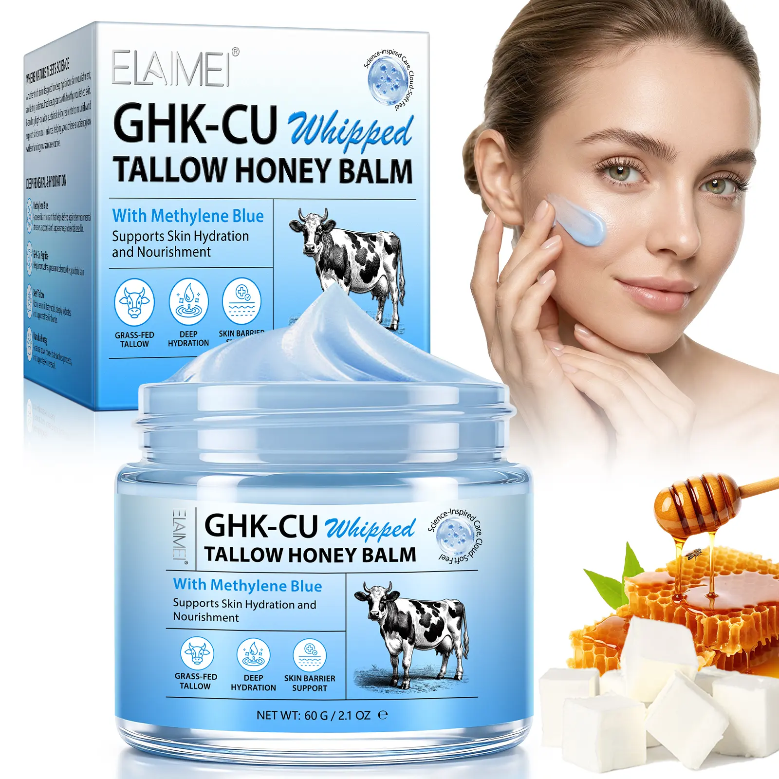 ELAIMEI Copper Peptides GHK-Cu Beef Tallow for Skin: Blue Balm with Methylene Blue, Manuka Honey & Vitamin E – Natural Face and Body Moisturizer for Mature, Dry & Sensitive Skin summerwins