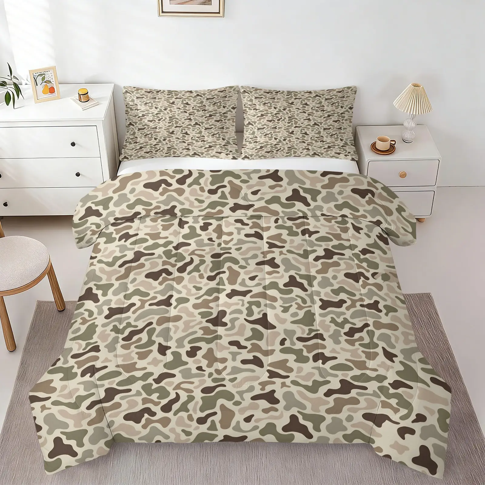 2/3Pcs Neutral Duck Camo Comforter Set | Camouflage Print Bedding with Pillow Shams, Ultra Soft Cozy Hunting Style Quilt, Rustic Tactical Bedroom Decor, Ideal for Outdoor & Nature Enthusiasts, Bedding Sets