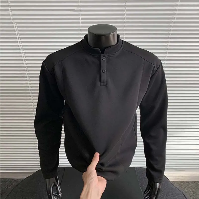 Men's Polo Fleece Pullover, Fitted Long Sleeve Plain Henley Neck Sweatshirt for Casual Outdoor Travel