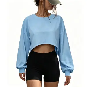 Fisoew Women's Crew Neck Drop Shoulder Crop Sweatshirt, Puff Lantern Long Sleeve Loose Oversized Cropped Long Sleeve Top