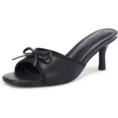 Womens Bow Mules Heels Kitten Heel Slide Sandals Square Toe Slip on Dress Shoes