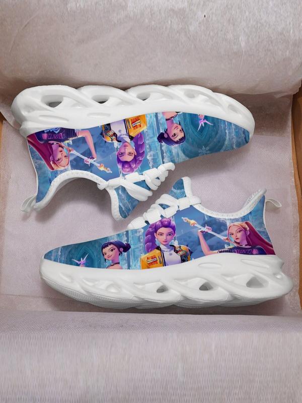 K-Pop Hunter Girl Pattern Kids Shoes, Breathable Mesh Lace-Up Low Top Eva Sole, Durable Fashion Casual Sporty Children Sneakers