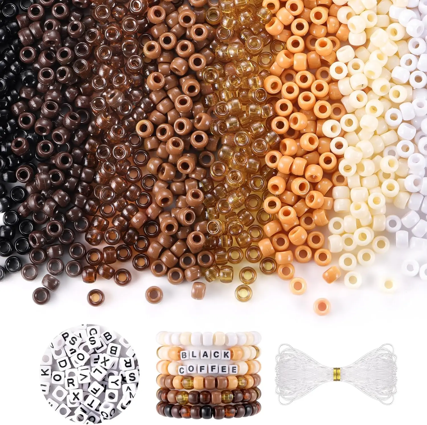 Black and Brown Beads, Pony Beads for Bracelets Crafts, 1200 Pcs 6x9mm Kandi Beads and 100 Pcs Letter Beads for Kids Girls Women, Plastic Beads for Hair