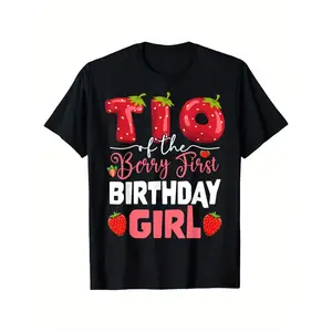 [Festive] Men's "Tio of the Berry First Birthday Girl" Strawberry Uncle T-Shirt - 100% Cotton, Round Neck, Black, Sizes S-XXXL, Casual Style, Machine Washable, Strawberry Themed Items y2k  outfits  men time  tee   double print  Vintage Metalcore Graphic
