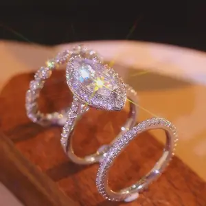 3pcs/set Glittering Pop Aesthetic Trend Eye Ring Set Wedding Bride Engagement Promise Anniversary Birthstone Ring Valentine's Day Mother's Day Gift Round Halo Cubic Zirconia Thin Bands Personalized Jewelry Must-Have Aesthetic Jewelry Gift Bridal Set Rings