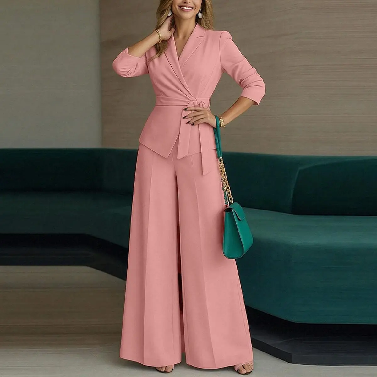 Chic Business Casual 2-Piece Pants Set for Women, Solid Lightweight Fabric Blazer with 3/4 Sleeves & Self-Tie Belt, Wide Leg Trousers, Style, Workwear, Slim, Wrap, Matching, Feminine