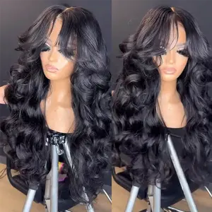 Lace Front Wig Pre Plucked Hairline Ready to Wear 13x4 Free Part Glueless Body Wave Lace Front Wig for Women Synthetic Heat Resistant Fiber Wavy Lace Wig #1B Black Color (26 Inch)