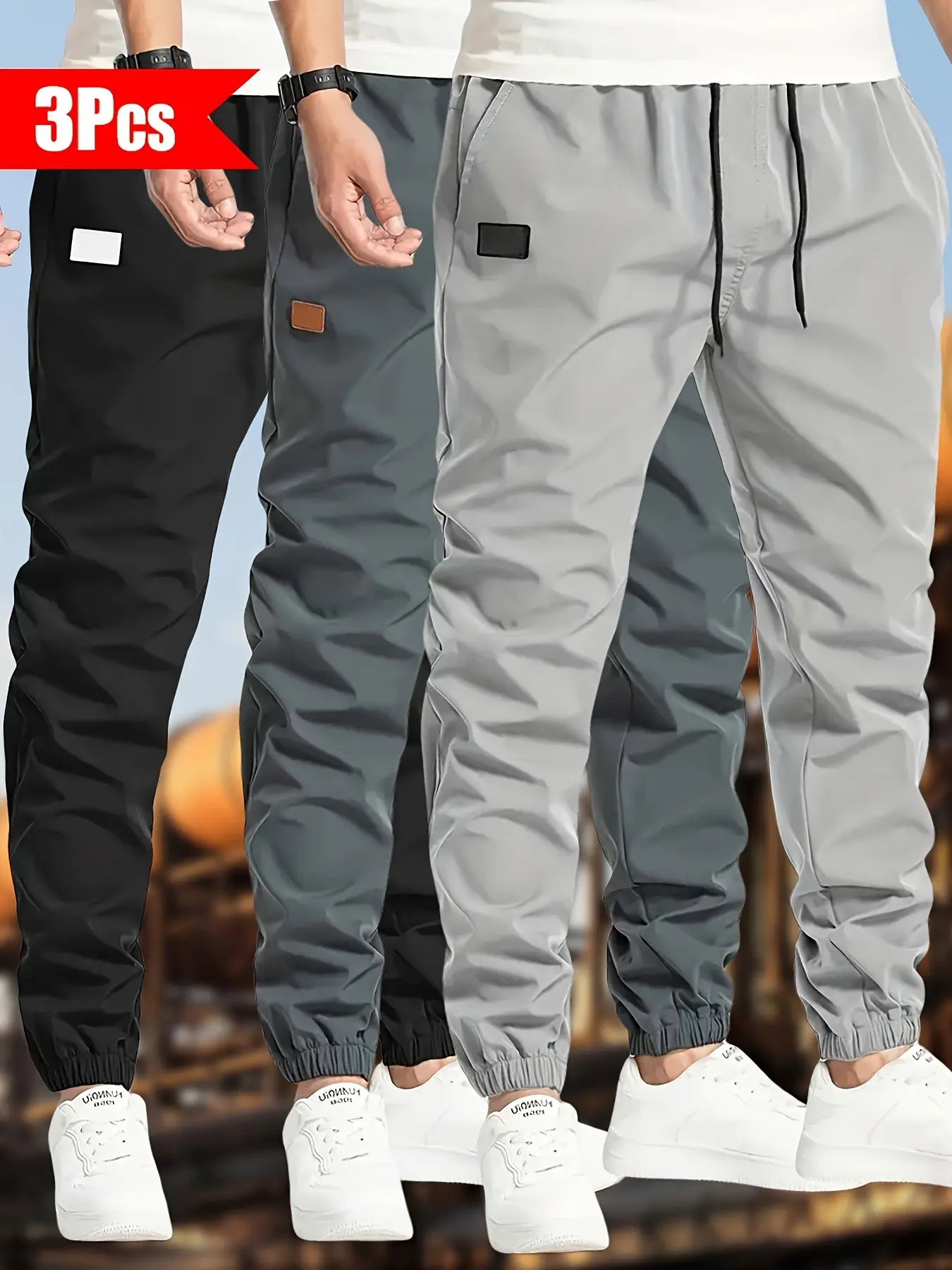 Men’s solid-color drawstring cargo casual pants, 9/10 length, 3-pack