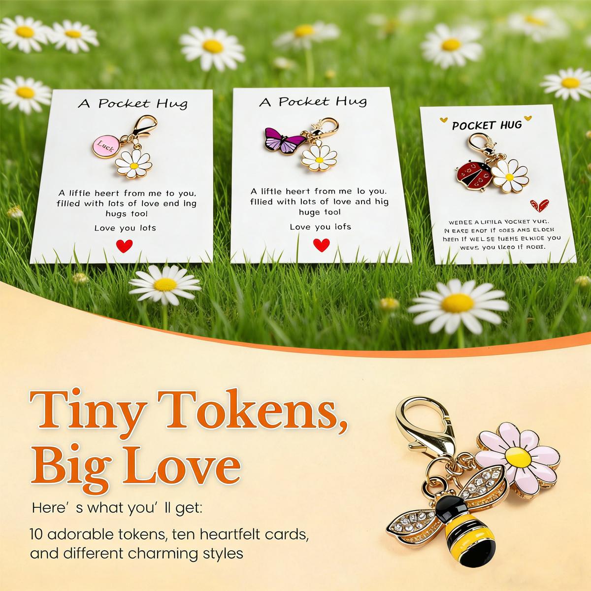 10-Pack Pocket Hug Card Keychain Set with Inspirational Card for Encouragement, Anxiety Relief, and Emotional Support-Inspirational Keepsakes for Friends, Family, Children, and Loved Ones (Insect, Daisy, Heart Keychain)