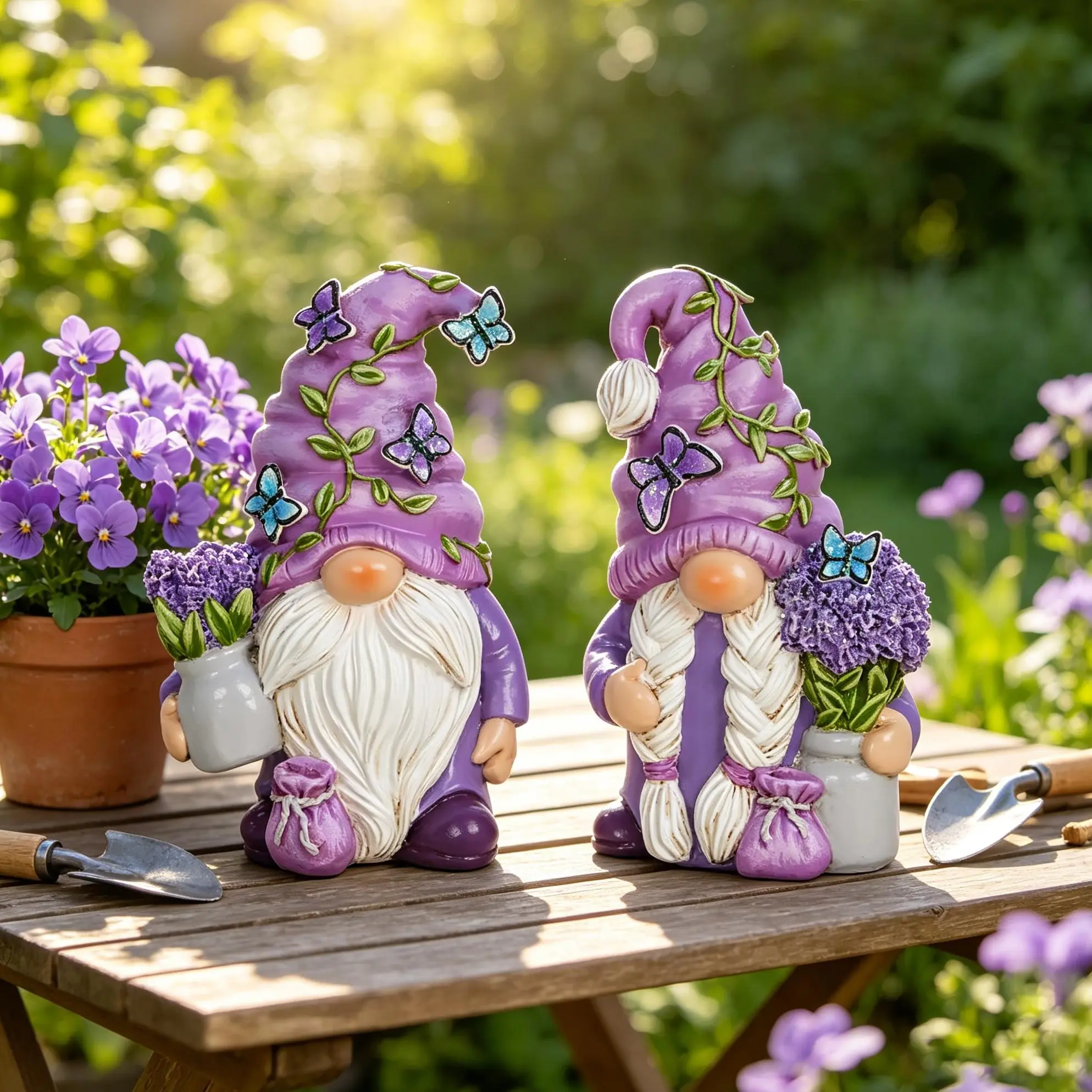 Sangeren 2-Pack Lavender Butterfly Gnome Resin Figurines - Flower-Accented Rustic Cottagecore Decor, Purple Outdoor/Indoor Statue Ornaments, Gnome Lovers Housewarming Gift (Statues & Bobbleheads)