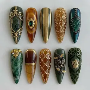 Handmade Luxury Emerald Royal Green-Gold Press On False Nails Set, Beauty Nail Art Decoration Accessories