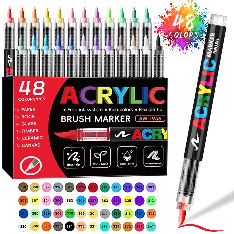 12/24/36/48 -Colors Acrylic Marker Pens - New Arrival! Multiple Colors For Choice, Office & Painting Supplies, High - End Set With Exquisite Packaging, Suitable For Gifting, For Professional Art Painting, Soft Brush Tip Art Marker Pens