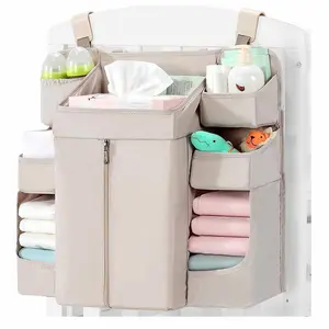 New Baby Bed Head Storage Bag, Layered Design, No Drilling Required, Waterproof Diaper Pad Holder, Infant Nursery Organizer, Multifunctional Diaper Bag