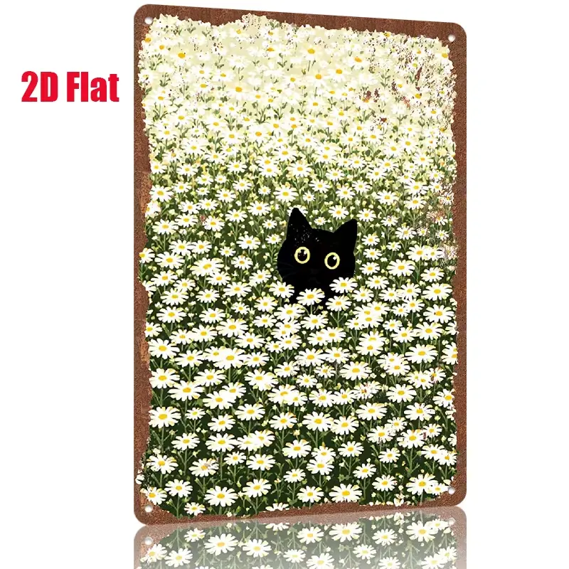 Vintage Distressed Metal Tin Sign - Cute Black Cat Peeking From Dense White Daisy Wildflower Field, Rust Brown Border Wall Plaque, Shabby Chic Cottagecore Home Room Decor for Bedroom, Garden
