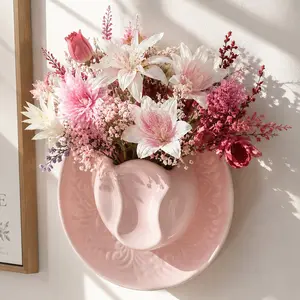 Ceramic Cowboy Hat Wall Hanging Vase Desert Rose Rustic Brown Western Cowgirl Style Sweet Cool Art Wall Decor Boho Flower Vase Farmhouse Hanging Planter For Living Room Office Bedroom Aesthetic Home Decor