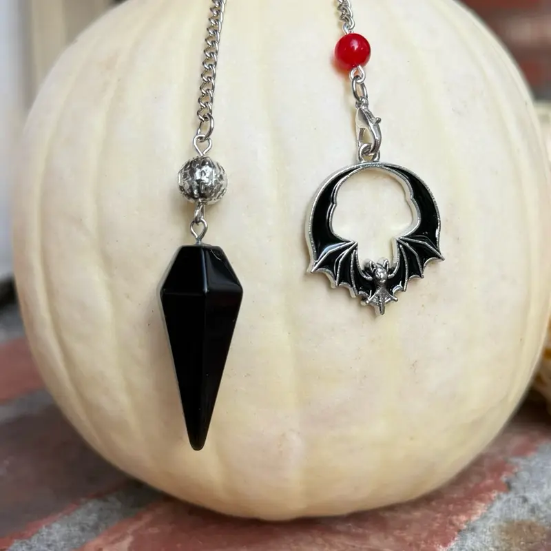 Obsidian Pendulum with Stainless Steel Chain & Bat Charm – Protection, Grounding & Shadow Work *FREE* Yes-No Dowsing Board