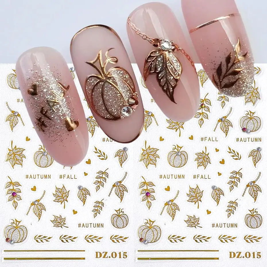 2pcs Gold Glitter Autumn Pumpkin Leaf Nail Stickers 3D Nail Decals Fall Maple Leaves Heart Design Nail Art Decorations Manicure