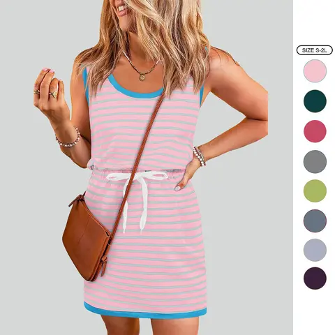Imily Bela Cotton Summer Dresses for Women Striped Dress Drawstring Waist Casual Tank Mini Dresses with Pockets