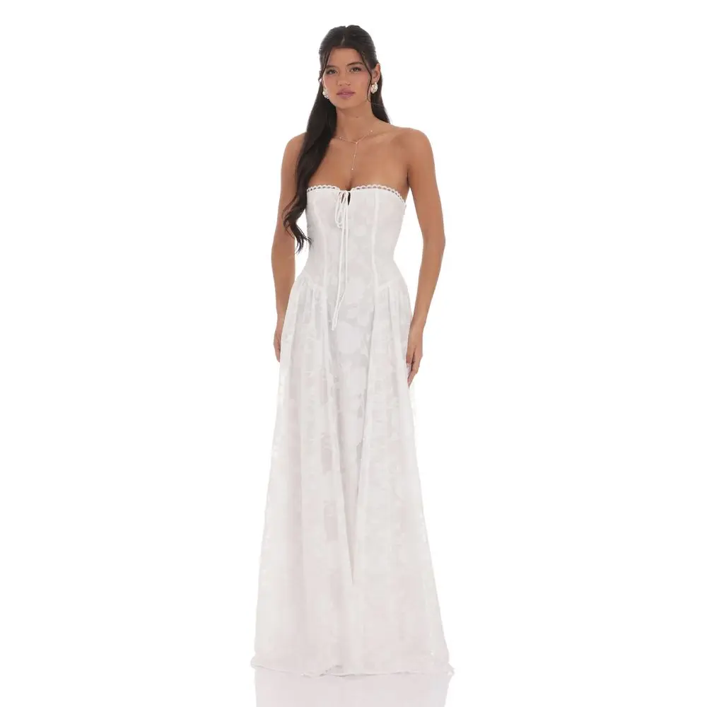Floral Lace-Up Maxi Dress in White