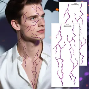 2PCS Large Fake Tattoo Stickers - Detailed Black and Red Lightning Vein Design for Halloween Party, Face & Body Art Supplies