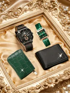 4pcs Fashionable Couple Wristwatch Set, Quartz Watch + Stylish Wallet, Perfect Gift for Him, Valentine's Day, Christmas, Thanksgiving