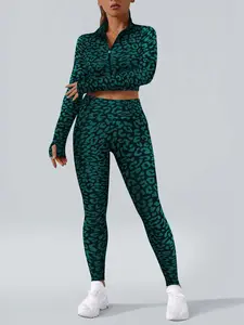 Two-Piece Set Women's Leopard Print Zip Up Crop Jacket & High Waist Leggings Tracksuit Set, Sporty Long Sleeve Top & Skinny Pants for Gym Workout Running, Ladies Fall & Winter Sportswear, Yoga Tracksuit Set