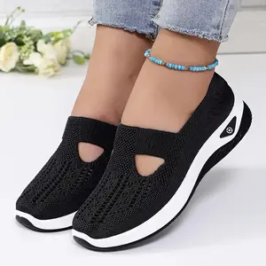 Women's Breathable Knit Slip-On Sneakers - Lightweight Comfortable Low-Top Shoes with Cut-Out Design, Flexible PVC Sole, All-Season Wear, Round Toe in Red, Beige, Green, Blue, Black, Purple