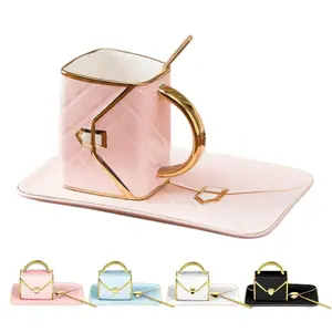 10oz Ceramic Coffee Mug with Spoon and Tray, Elegant Handbag Shape Cappuccino Cup, Perfect for Breakfast, Afternoon Tea, Home Decor Gift