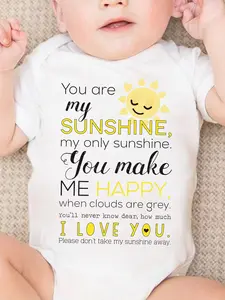 Unisex 100% Cotton Fitted Bodysuit - "You Are My Sunshine" Print, Cute Sun Graphic, Crack-Proof, Snap Closure, Newborn-Infant Romper, Ideal Baby Shower Gift