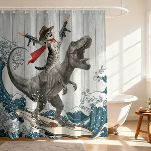 1pc Dinosaur and Cat Pattern Removable Shower Curtain, Waterproof Washable Bathroom Curtain with Hooks, Decoration for Home, Hotel, Apartment, Dorm and Spa