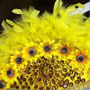 Oshun Abanico with Yellow Feathers and Sunflowers, Decorative Accessory for Special Occasions.Religion yoruba. Religion