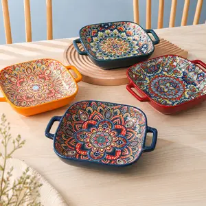 Boho Ceramic Baking Dishes Set, Vintage Square Plates, Glazed Salad Bowls, Oven Microwave Dishwasher Safe, 4 Pcs Tableware Set