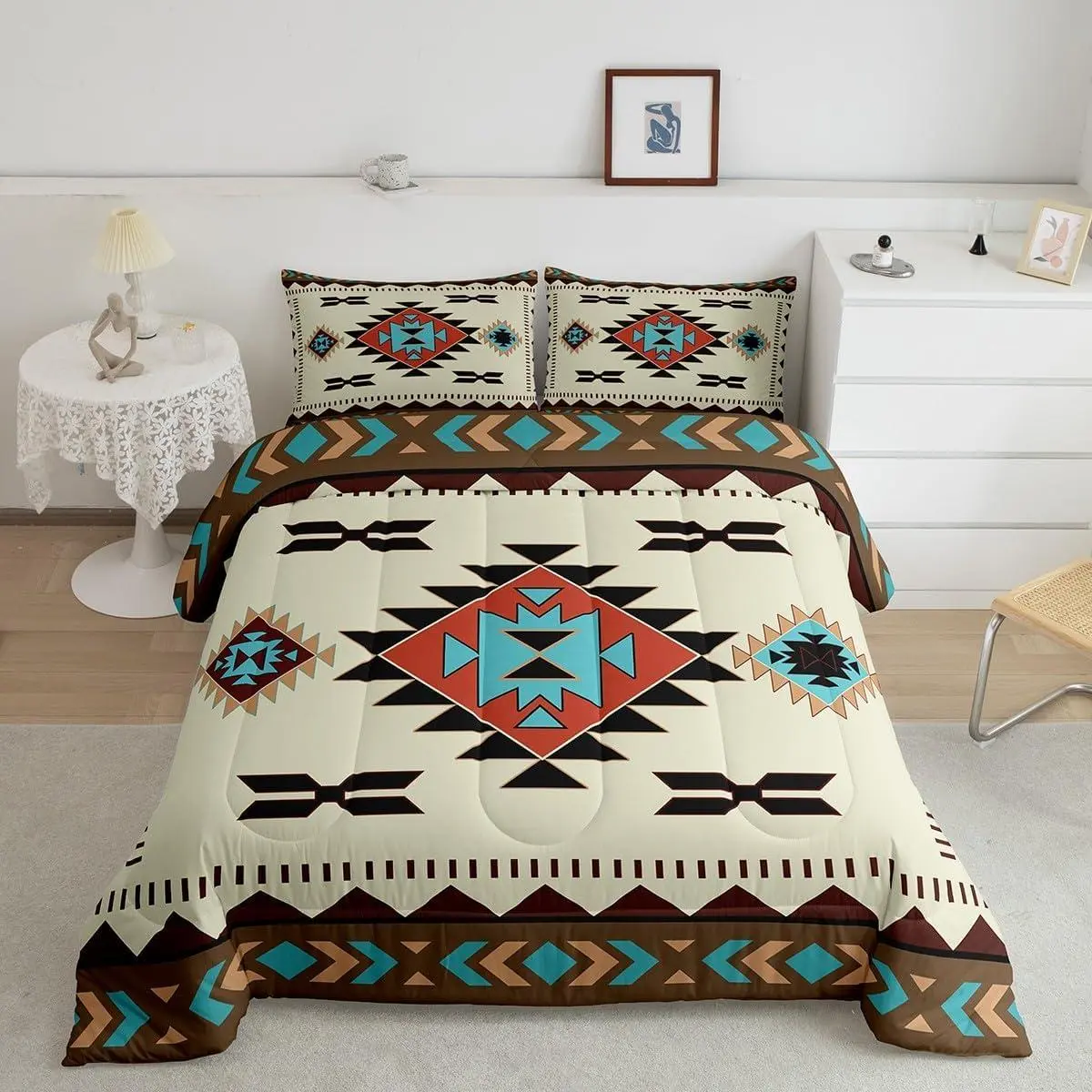 Boho Comforter Set Tribal Comforter Set Southwestern Geometric Bedding Set Southwest Native American Design Duvet Set Dark Beige Quilt Set