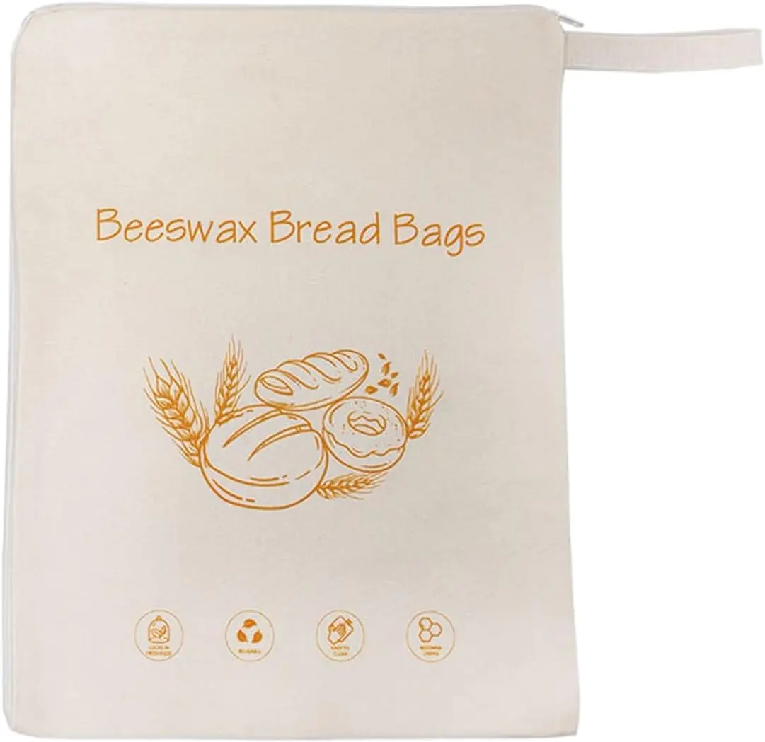 Kitchen Reusable Natural Beeswax-Lined Linen Blend Rectangular Bread Bags - Zipper-Sealed Food Cover for Home Baking Sourdough, Homemade Bread Freshkeeping Storage Containers