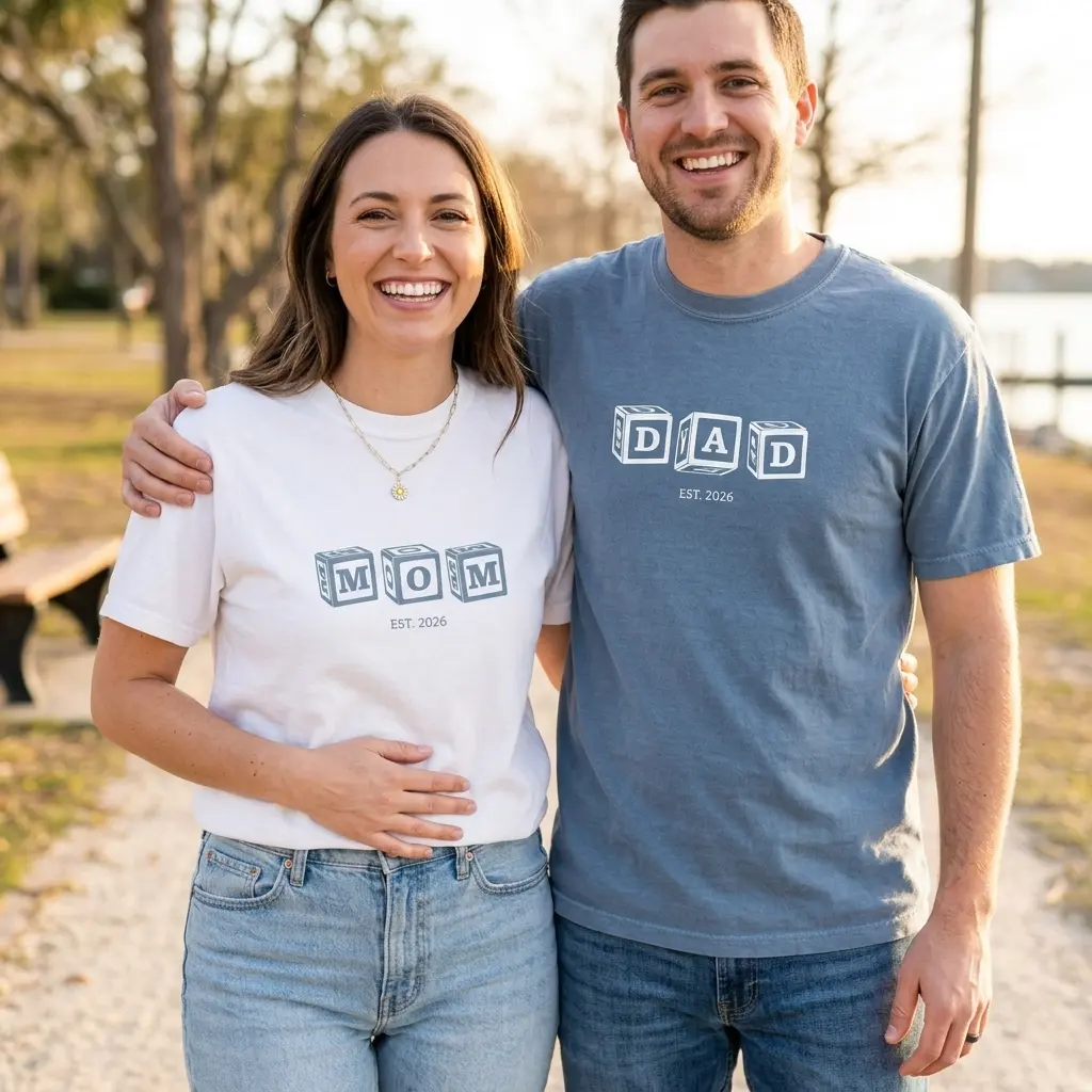 Comfort colors Mom Dad Shirts "EST 2026" or "EST 2027, Pregnancy Announcement Couple Tees, Minimalist Matching Parent Shirt Set