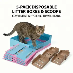 DAMAII Healthy Choice 5-Pack Disposable Cat Litter Box 100% Leak-Proof Coating Lasts Up to 15 Weeks Ideal for Multi-Cat Isolation Travel-Friendly Biodegradable