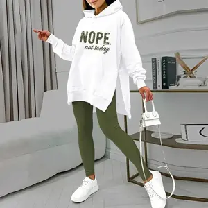 2 Piece Nope Not Today Print Casual Side Slit Sweatshirts Pullover Lose Fit Hoodie with Kangaroo Pocket and Slim Fit Pants Tracksuit Sets