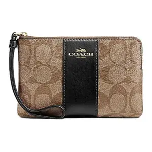 Coach Corner Zip 16 Top-Zip Closure Coated Canvas and Recycled Leather Wristlet for Women in Khaki and Black