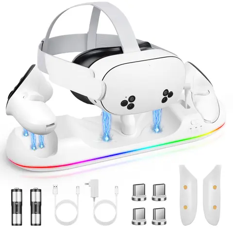 HURRA Meta Quest 3S/3/2/Pro Charging Dock - Fast Charging VR Devices Magnetic RGB Light Station, Headset & Controllers Dock, 2 Piece Set with 2100mAh Batteries & USB-C Charger, VR Accessories by DealsForYouDays