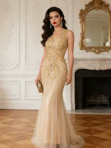 Summer Elegant Sequined Embroidered V-Neck Mermaid Evening Gown, Champagne Color Formal Dress, Wedding Guest Party Wear Womenswear