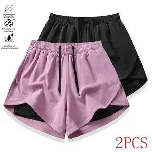 2PCS women’s casual athletic shorts, built-in lining, drawstring design, elastic waistband — suitable for outdoor sports, fitness, running, and everyday wear; women’s shorts, athletic shorts, women’s clothing