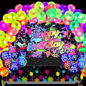 126 Pcs Neno Glow Party Kit: Neon Glow Balloons, Graffiti Splash Table Cover & Fluorescent Decor