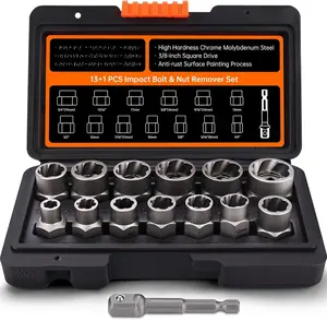 Bolt Extractor Kit 13 count, Stripped Bolt Extractor Set, Impact Bolt Nut , Easy Out Remove Rusted, Frozen, Damaged, Rounded-Off Bolt Nut Screw, with Hex Drive, Cr-Mo Steel