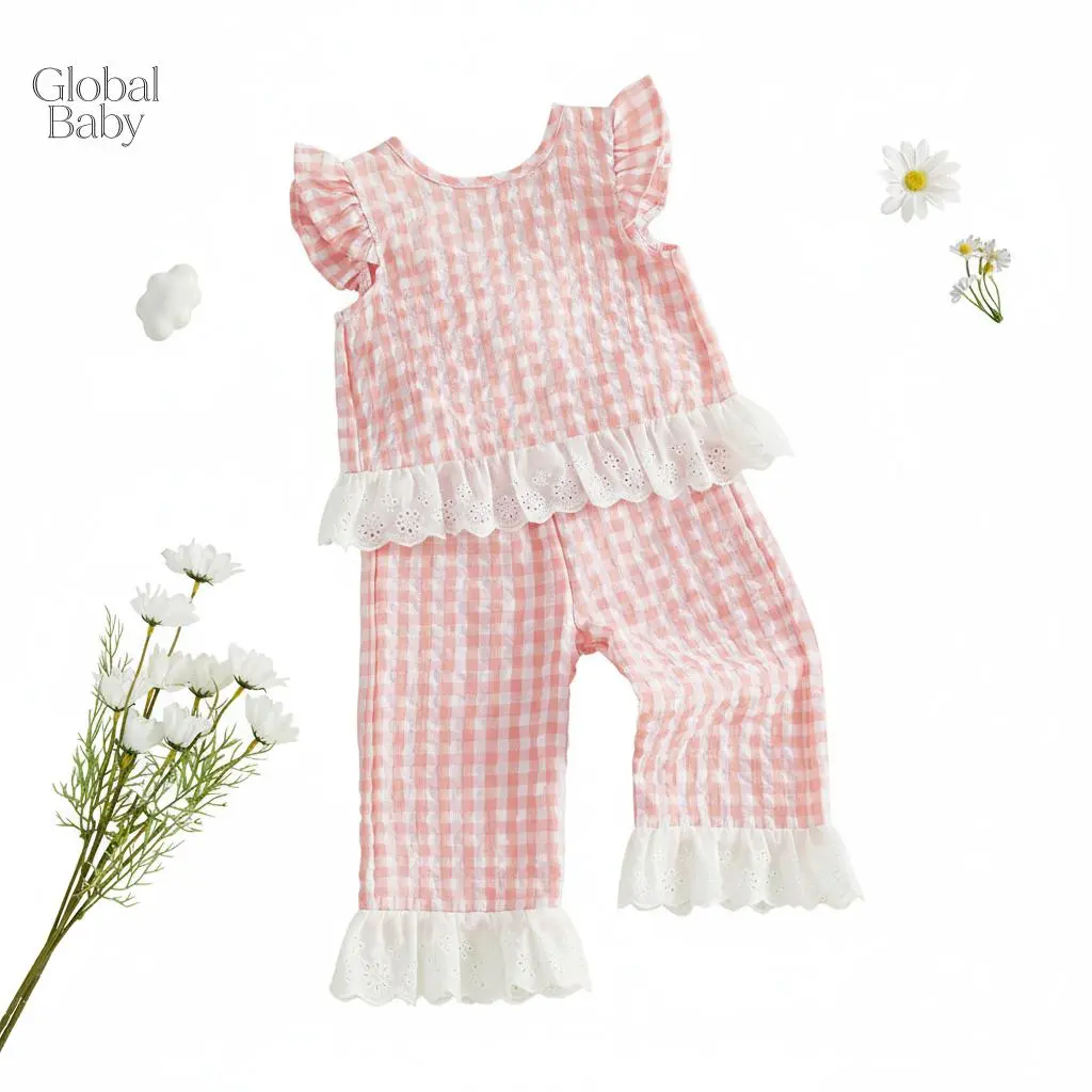 Global Baby Girl summer outfit: plaid skirt and sleeveless top set. Stylish children's baby two-piece set for summer 2026. Chic